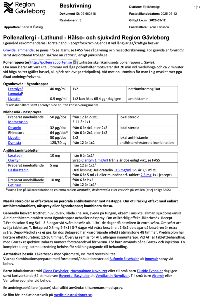 Lathund för pollenallergi för läkare på vårdcentral